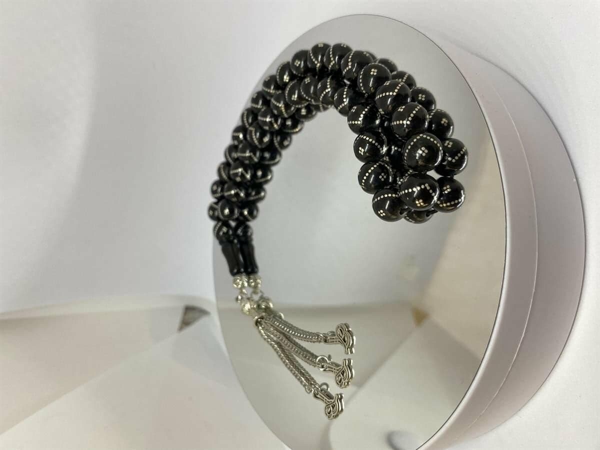 Tesbih TSBH0086BC Kararmaz Metal Püsküllü Prinç İşlemeli Küre Kesim Rus Oltu Tesbih