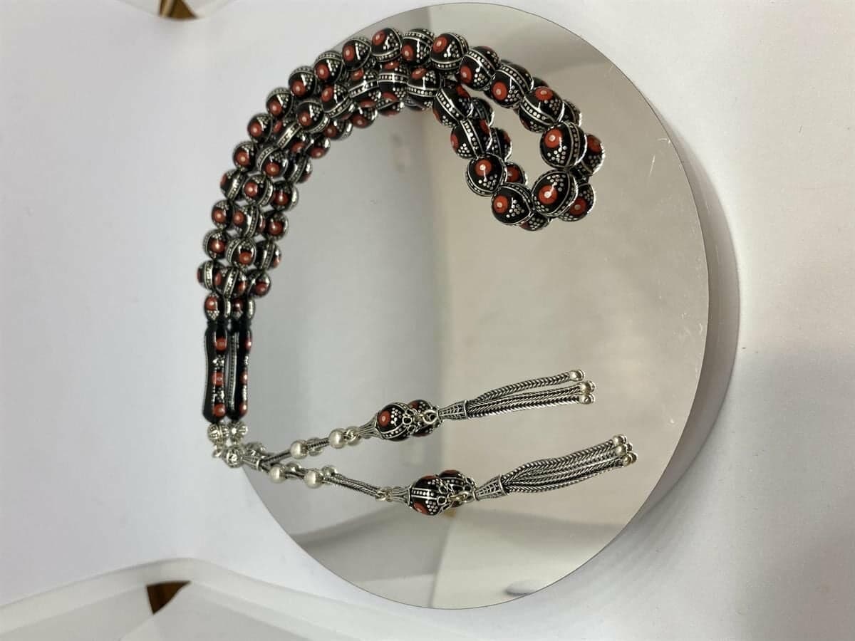 Tesbih TSBH0109BC 925 Ayar Gümüş Püsküllü Gümüş-Mercan İşlemeli Küre Kesim Usta El İşçilikli Erzurum Oltu Tesbih