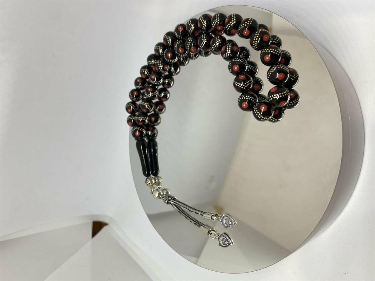 Tesbih TSBH0110BC 925 Ayar Gümüş Püsküllü Gümüş-Mercan İşlemeli Küre Kesim Usta El İşçilikli Erzurum Oltu Tesbih